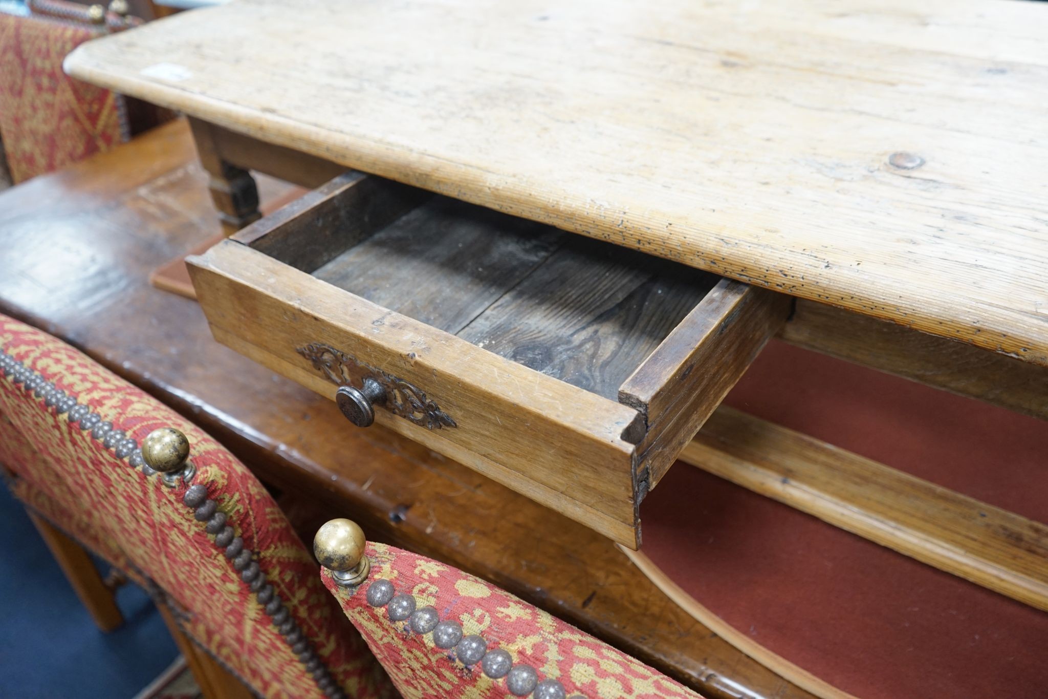 A 19th century and later rectangular pine coffee table fitted drawer, length 140cm, depth 70cm, height 34cm